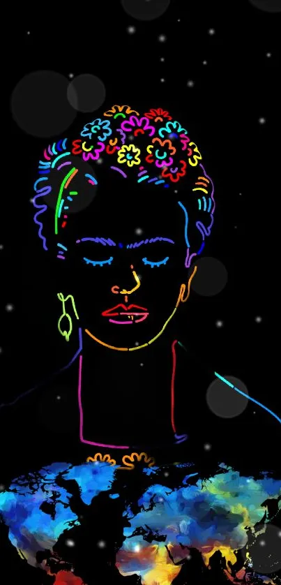 Neon artistic portrait with colorful floral crown on dark background.