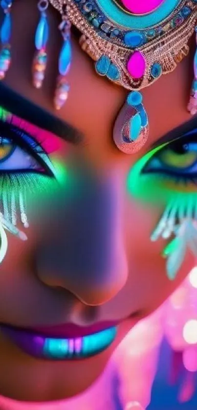 A vibrant neon face with intricate details and colorful jewelry.