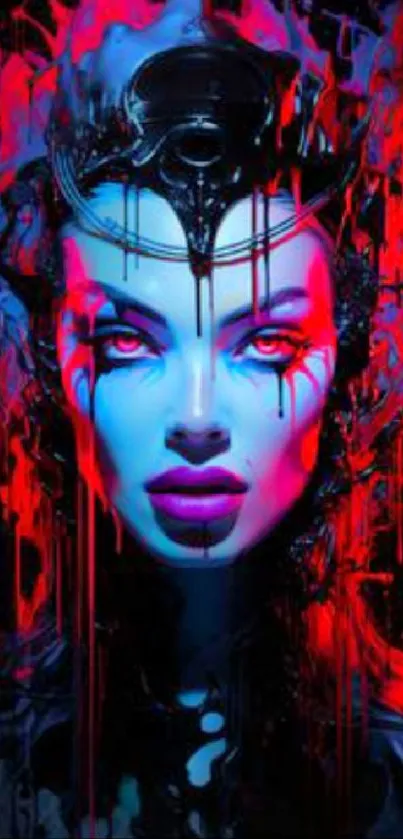 Captivating neon digital art portrait in striking red and blue hues.