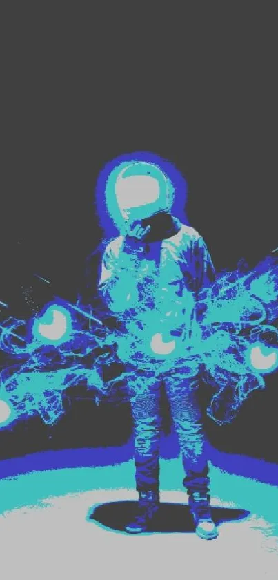 Neon astronaut surrounded by glowing blue heart shapes on a dark background.