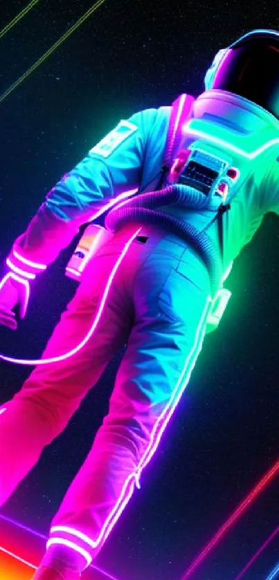 Neon astronaut in vibrant space-themed wallpaper.