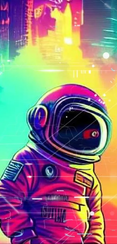 Colorful neon astronaut in futuristic cityscape.