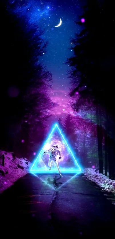 Astronaut in a glowing neon triangle under a purple night sky.