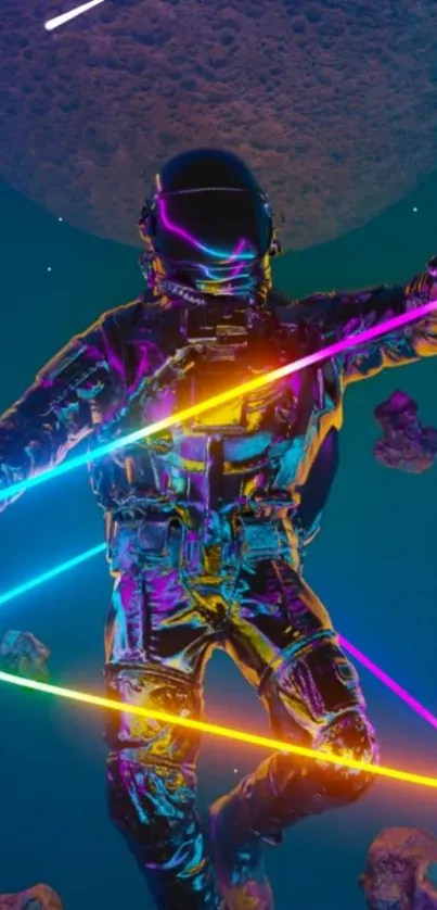 Neon astronaut floating in space with vibrant colors and glowing effects.