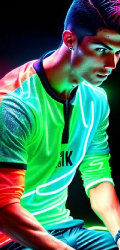 Vibrant neon athlete wallpaper in dynamic pose.