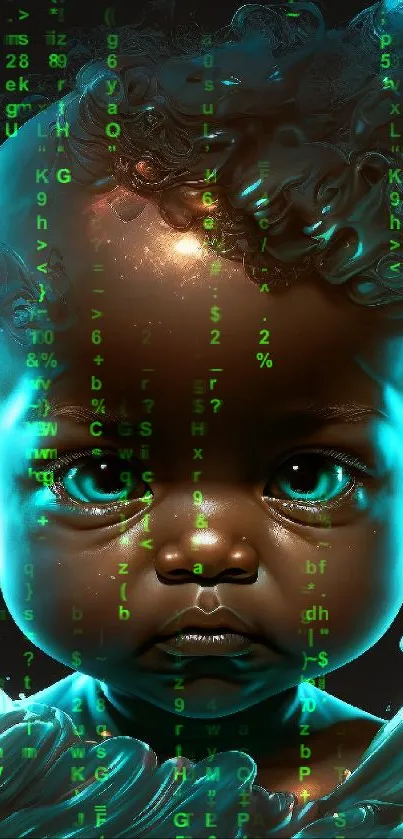 Futuristic neon art of a baby with swirling cyan and abstract features.