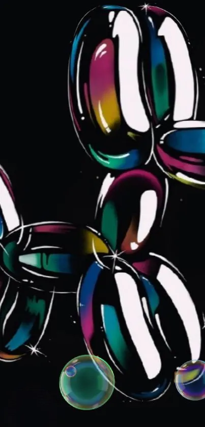 Colorful neon balloon dog art on a black background with bubbles.