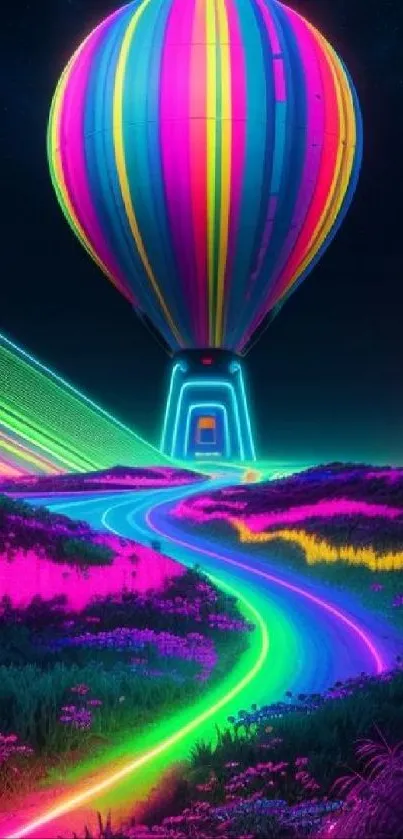 Neon hot air balloon over colorful landscape at night.