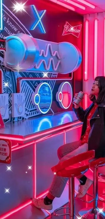 Neon-lit bar scene with a vibrant ambiance and colorful decor, featuring a person enjoying a drink.