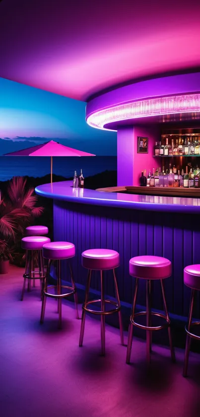 Vibrant neon-lit bar with pink and purple hues, overlooking the ocean at night.