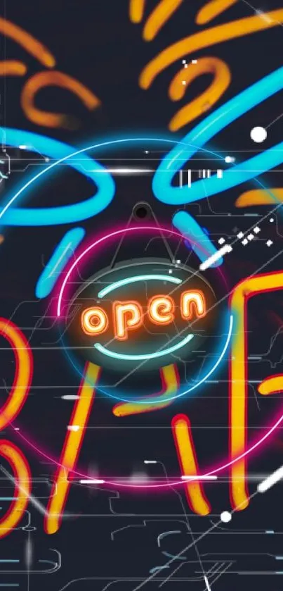 Vibrant neon sign wallpaper with colorful bar lights.