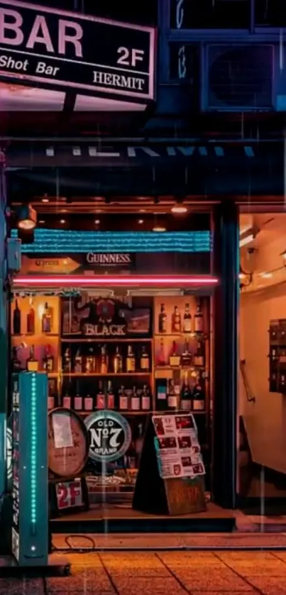 Vibrant neon-lit bar scene at night with colorful cityscape.