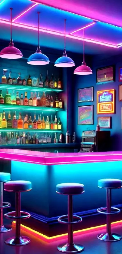 Neon-lit bar with vibrant colors and retro design.