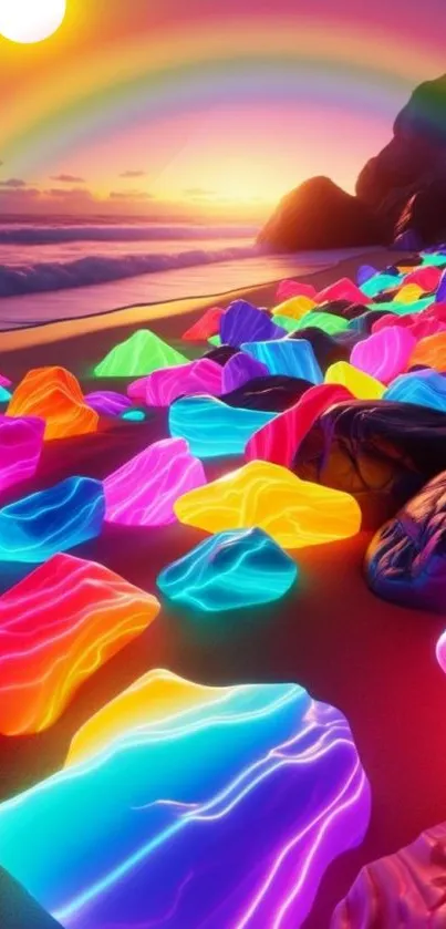 Neon rocks on beach with sunset glow.