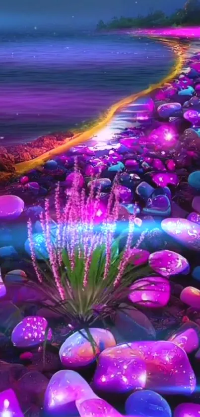 Neon beach with glowing pebbles and vibrant purple hues.