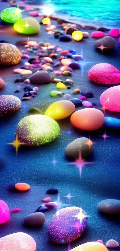 Mobile wallpaper of neon beach stones glowing vividly on a dark shoreline.