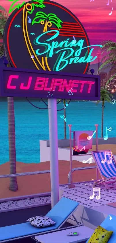 Vibrant neon beach scene with palm trees at night.