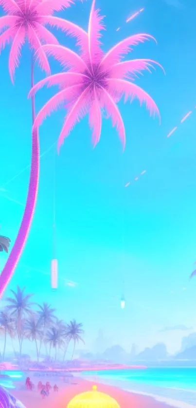 Neon tropical beach with glowing palms and vibrant colors.