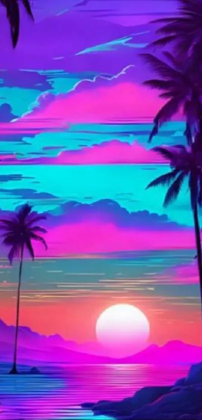 Neon tropical sunset with palm trees and ocean.