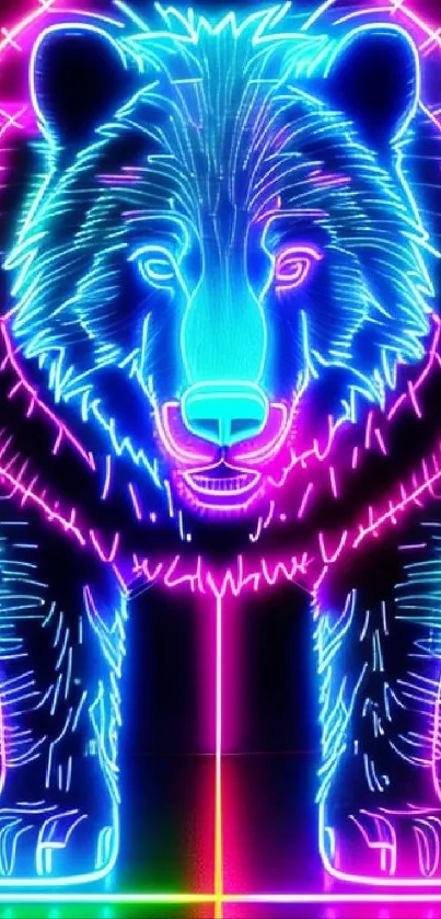 Vibrant neon bear art on a colorful wallpaper.