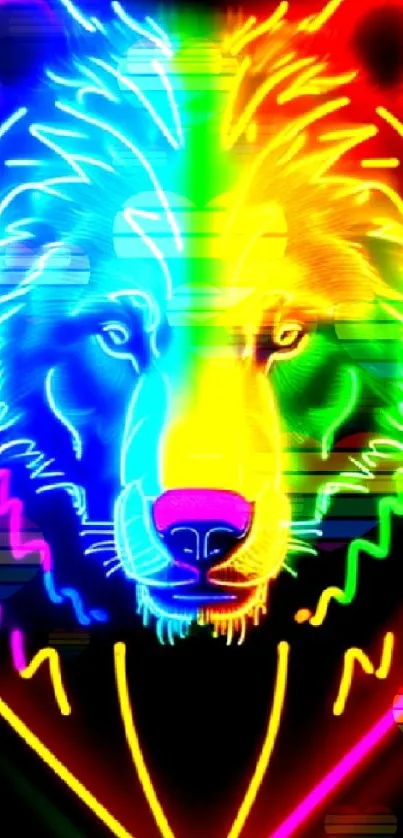 Vibrant neon bear with rainbow colors, perfect for mobile wallpaper.