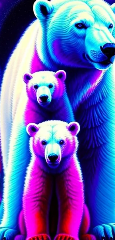 Vibrant neon bear family set against a cosmic background.