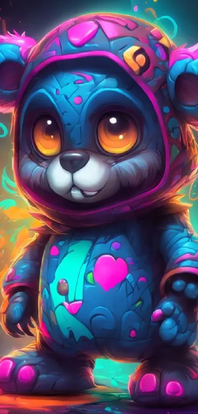 Vibrant digital art of a colorful neon bear wearing a hoodie.