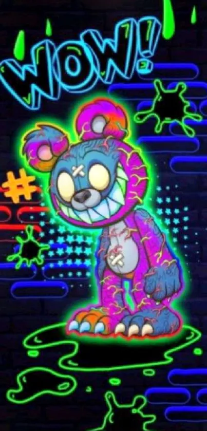 Vibrant neon cartoon bear with colorful graffiti effects.