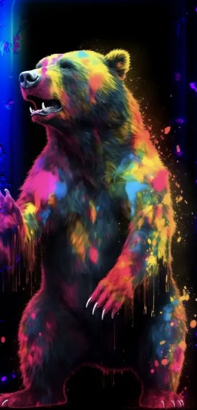 Vibrant neon bear with colorful splashes on a dark background