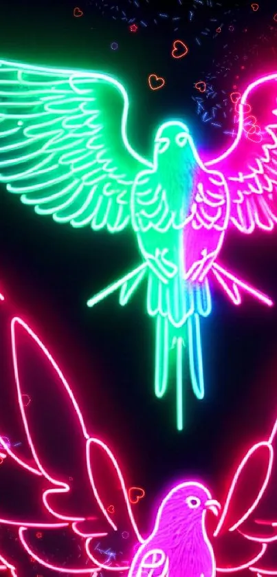 Vibrant neon birds with glowing wings on a dark background.