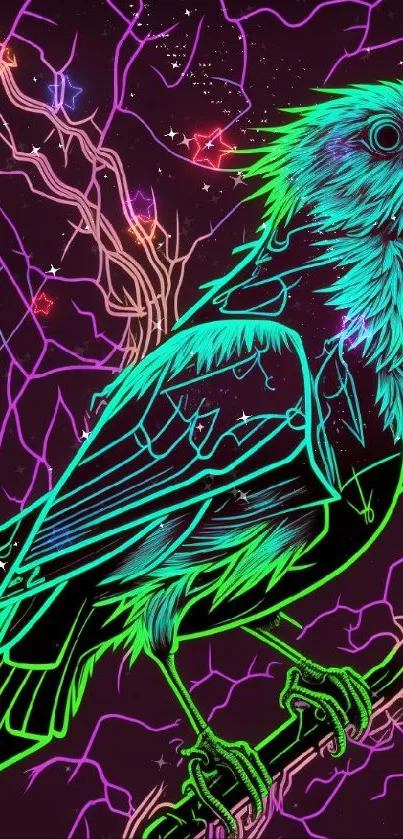 Vibrant neon bird artwork with glowing lines.