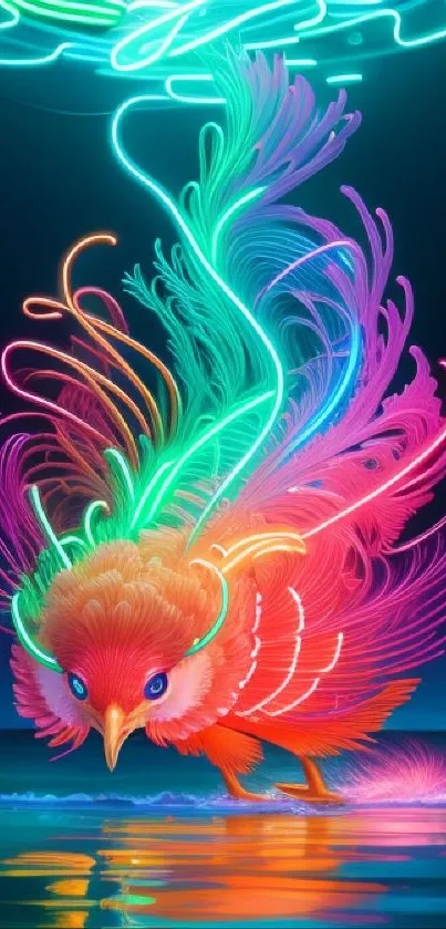 Vibrant neon bird artwork with colorful feathers and glowing design.