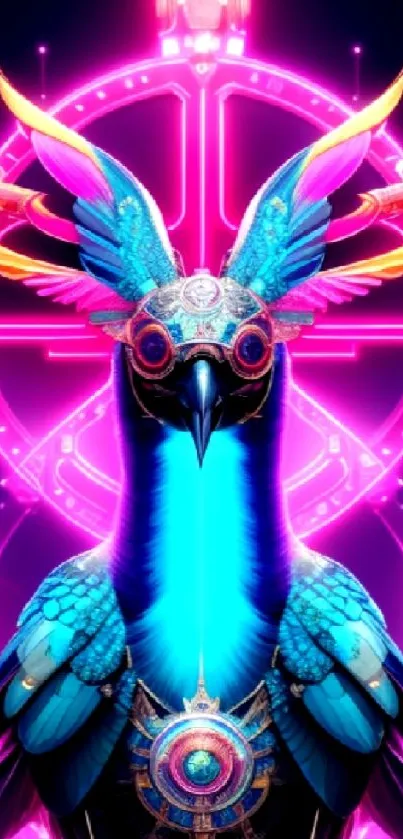 Vibrant neon bird with intricate design glowing in vivid colors.