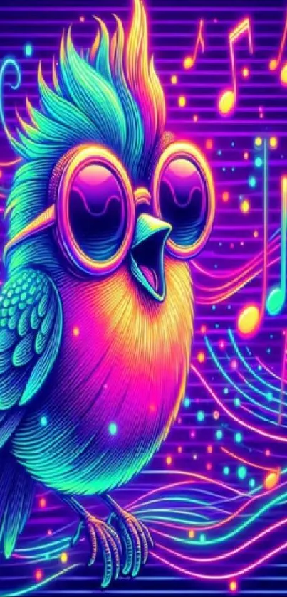 Vibrant neon bird with glasses and musical notes on a colorful background.