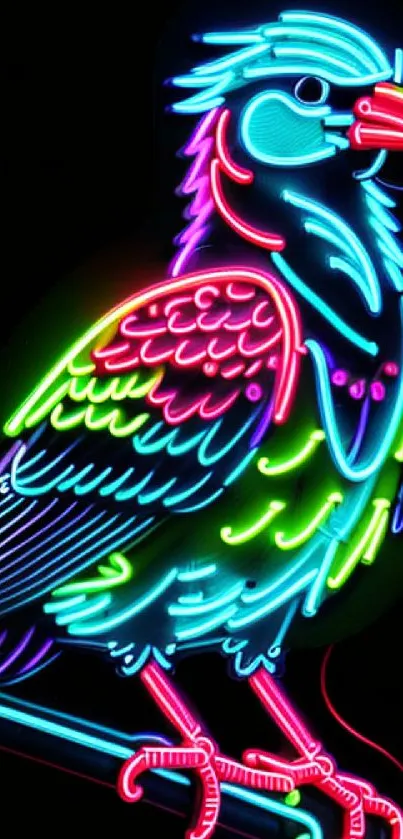 Vibrant neon bird with glowing colors on a dark background.