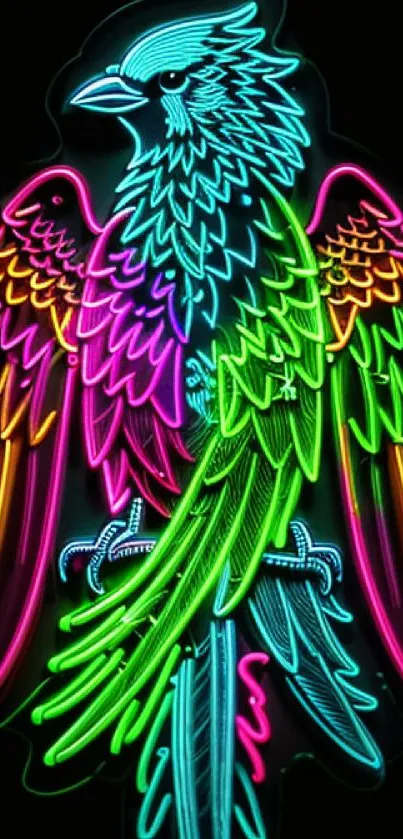 Vibrant neon bird artwork with colorful hues on black background.