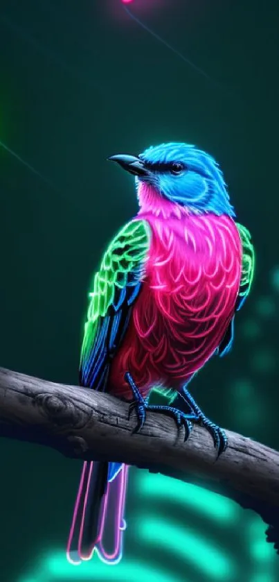 Vibrant neon bird on branch with colorful feathers.