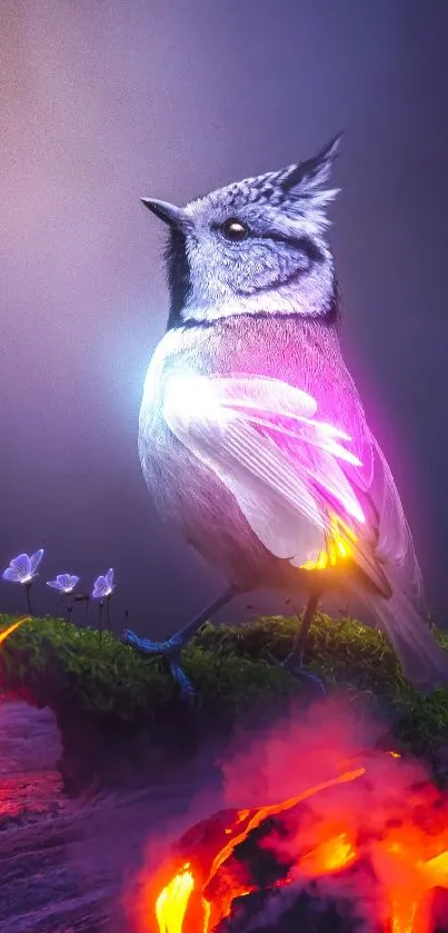 Vibrant bird with neon glow on mystical landscape.