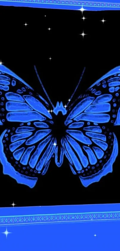 Neon blue butterfly with glowing wings on dark background.