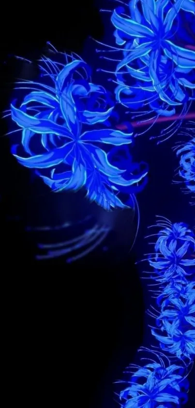 Neon blue floral pattern on dark mobile wallpaper.