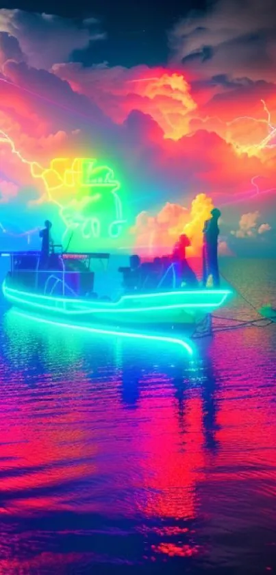 Neon-lit boat on vibrant water with electric sky.