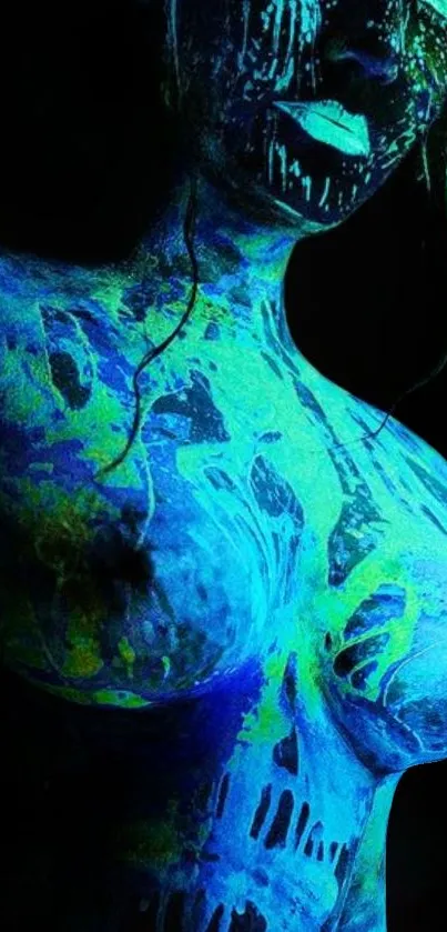 Intricate neon body art on dark background.