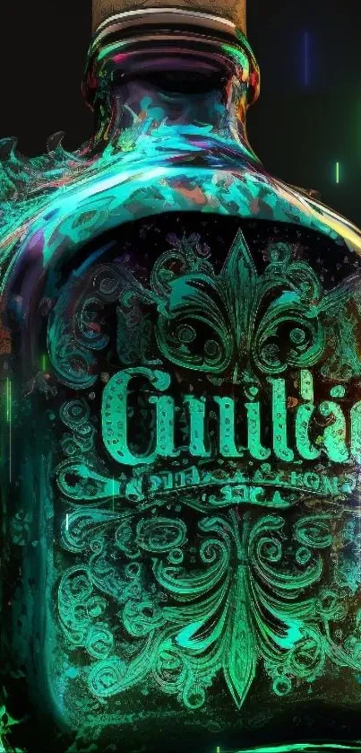 Neon-themed bottle with teal glow on black background design.