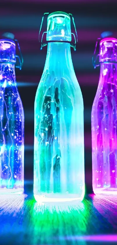 Three neon bottles glowing in the dark with vibrant colors.