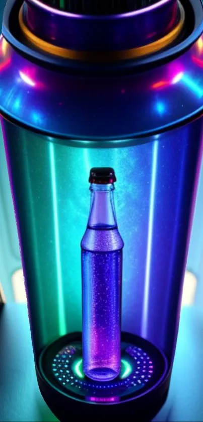 Vibrant neon bottle displayed in futuristic design with glowing colors.