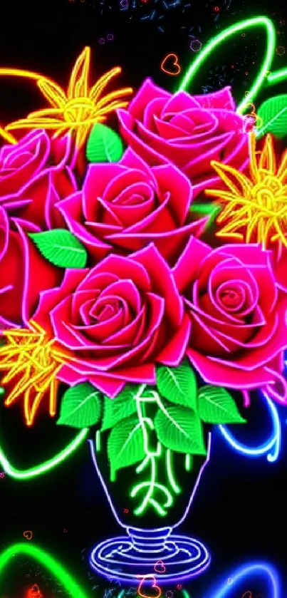 Vibrant neon bouquet with glowing roses in a vase on black background.