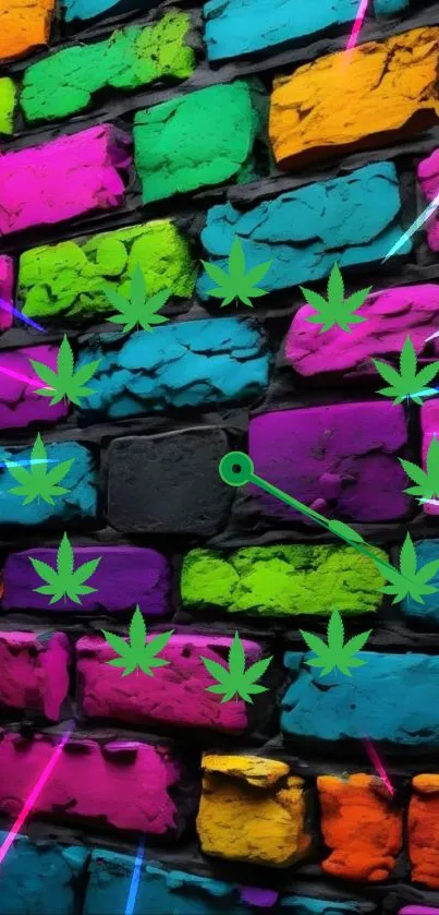 Colorful neon brick wall with psychedelic leaves.