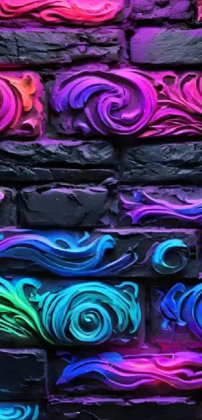 Vibrant neon brick wall with intricate patterns