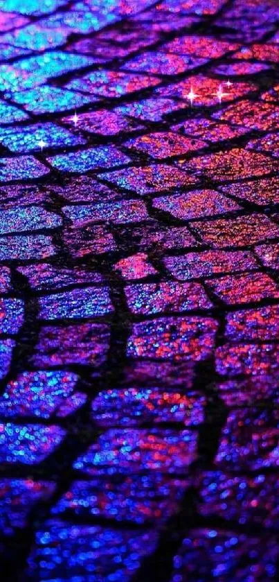 Neon-lit brick pathway with vibrant purple and blue hues.