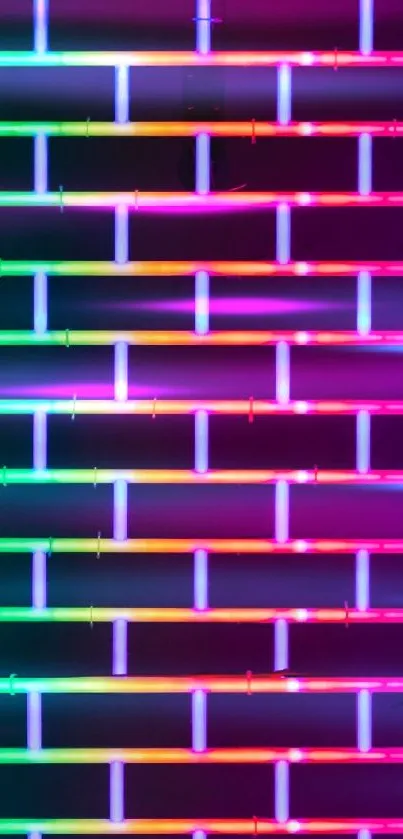 Colorful neon brick pattern with vibrant pink and green lights.